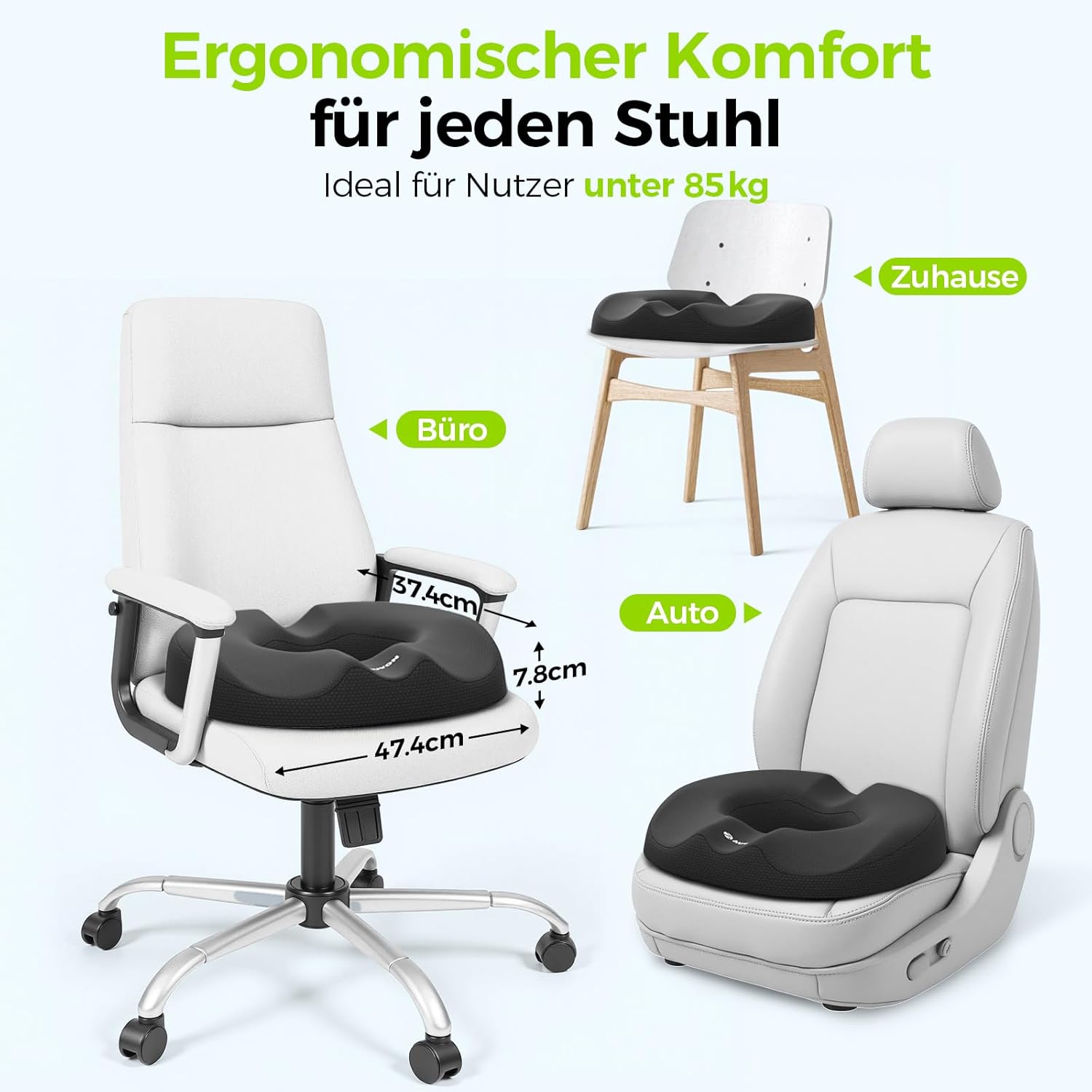 AUVON Sitzkissen auf Bürostuhl, Esszimmerstuhl und Autositz mit Maßangaben 47,4 x 37,4 x 7,8 cm